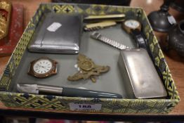 A selection of curios including a Parker Vacumatic ink pen, two pocket knives, a cigarette case