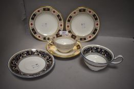 Two tea cup and saucer sets including Wedgwood Florentine W1956 and Royal Crown Derby Derby Border