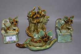 Four mid century Yare pottery Welsh fantasy dragon figures