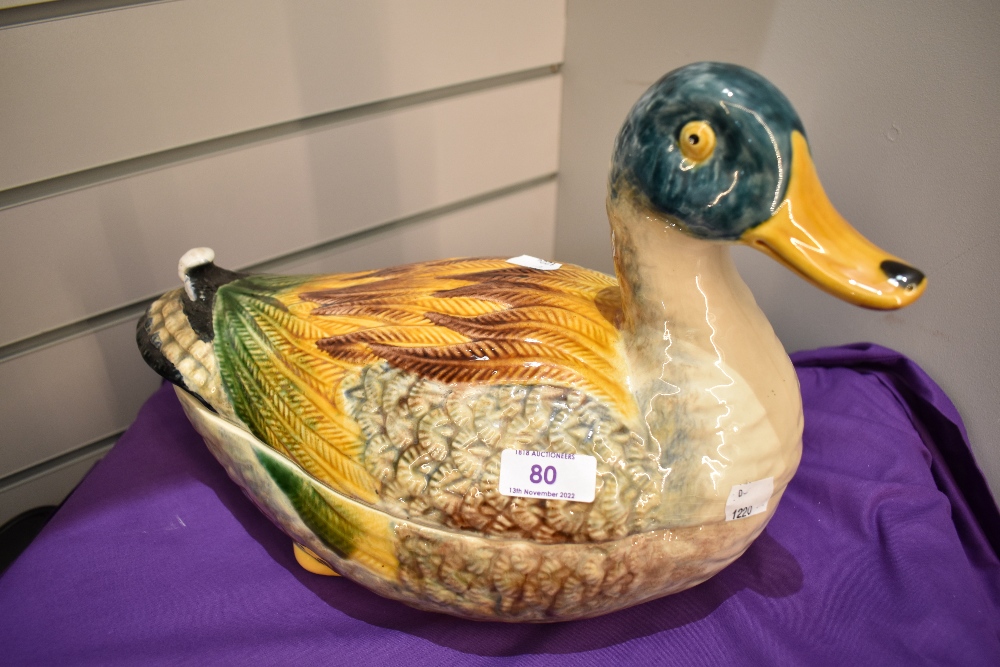 A vintage Portuguese mallard duck form tureen