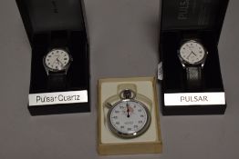 Two modern mens Pulsar wristwatches in cases with boxes and a Alfex stop watch