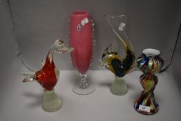 Four pieces of mid century studio art glass including Jaffe Rose vase, fish and bird studies and a