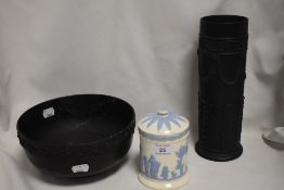 Three pieces of Wedgwood including a basalt vase, a basalt bowl AF and a Etruruia lidded pot