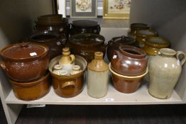 A good selection of vintage earthen ware kitchen ceramics including crock pots, jugs and jars