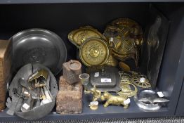 A selection of vintage hardware and brass items including Arts and Crafts dish, dog figure and