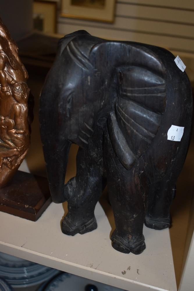 A selection of Elephant theme items including carved wood figures, foot stool and gong ornament - Image 2 of 3