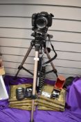 A selection of cameras and photographic equipment including Fuji Film Finepix HS20 etc