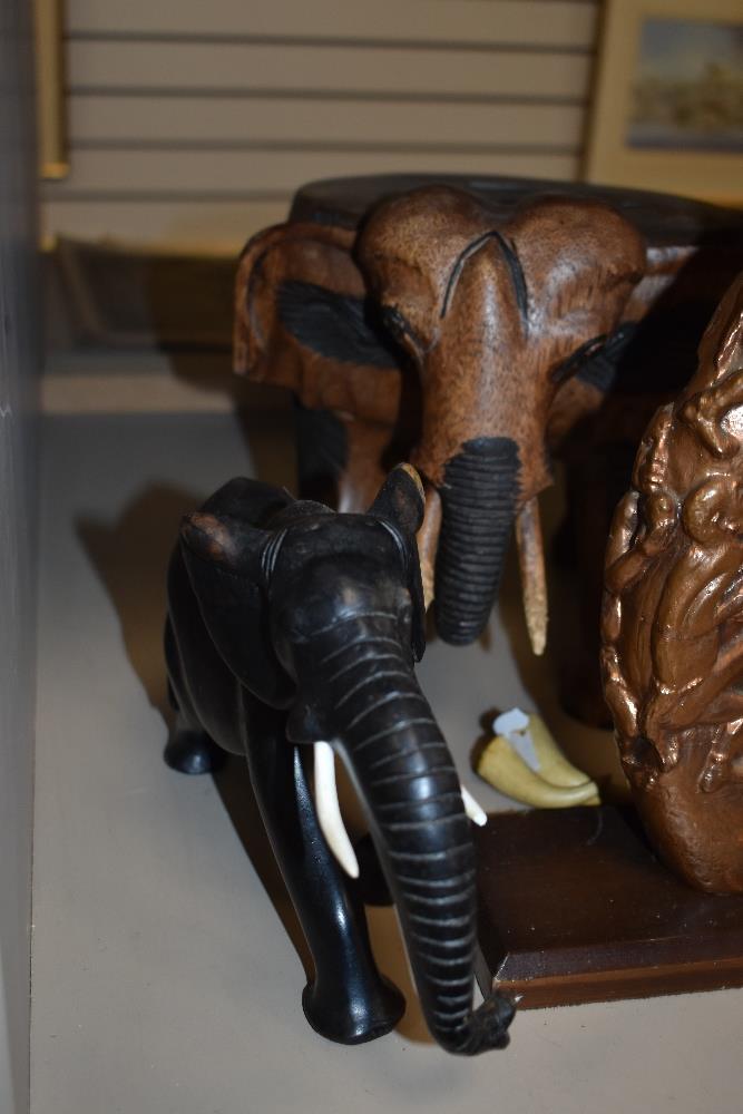 A selection of Elephant theme items including carved wood figures, foot stool and gong ornament - Image 3 of 3