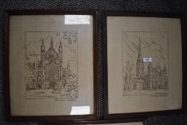 Three early 20th century needle work pictures of Truro, Winchester and Salisbury cathedrals