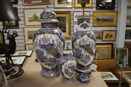 Four matching modern ceramics by Panda in Chinese style designs including lidded urn, Lamp base,