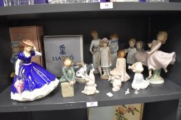 A selection of modern figure studies including Lladro, Royal Doulton Mary HN3375 and Nao. Damage