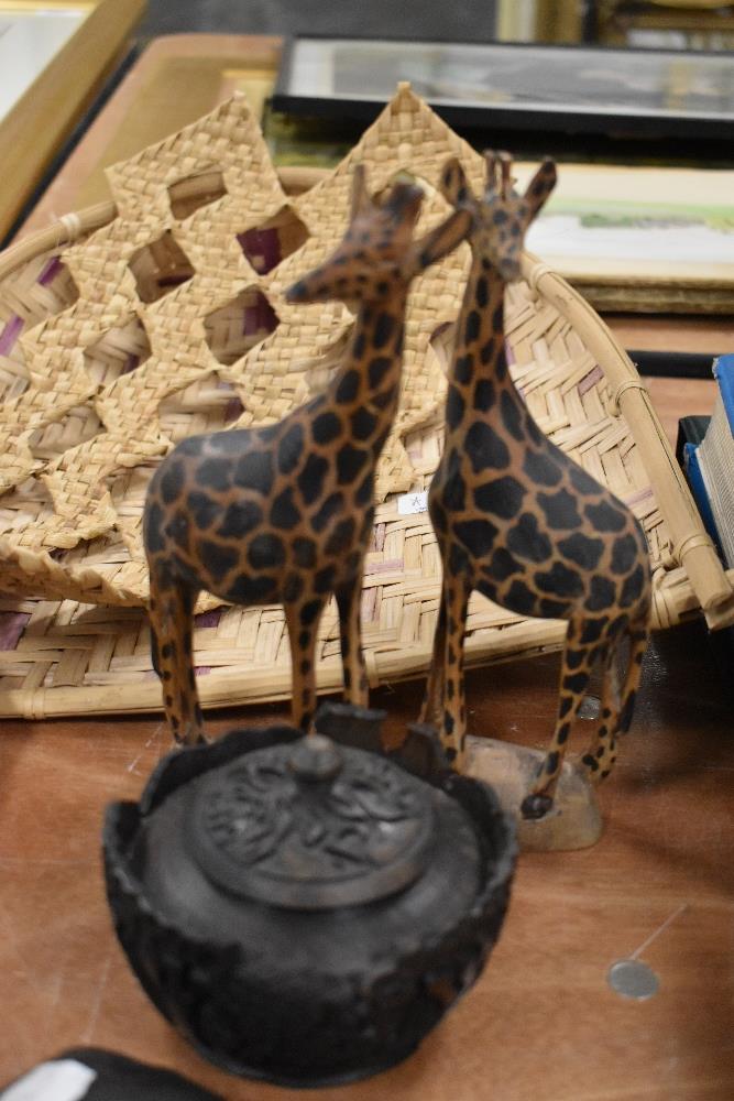 A carved wooden lidded bowl, a pair of Giraffes, a tribal mask and similar. - Image 2 of 2