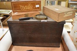 A selection of wooden boxes and case including Cadburys, Dark Oak slipper box and magnifying glass