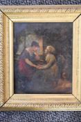 (19th century), an oil painting, cottage interior dialogue, 21 x 17cm, gilt plaster framed and