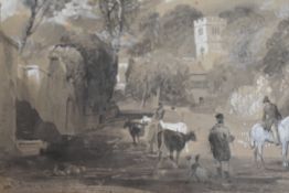 Sam Bough, (1822-1878), a watercolour sepia, Village scene with Figures and Catlle, signed and