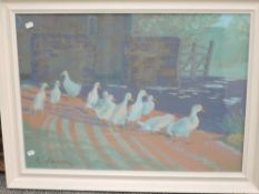 Hanson, (contemporary), an acrylic painting, ducks in a row, signed, 55 x 75cm, mounted white