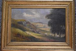 C W, (19th century), an oil painting, hillside sheep, initialled, 21 x 33cm, gilt plaster framed, 33