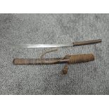 A Thai Dhaab Daab Sword with Slightly Curved Blade, wire bound grip, wooden scabbard with wire and