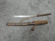 A Thai Dhaab Daab Sword with Slightly Curved Blade, wire bound grip, wooden scabbard with wire and