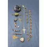 A small selection of vintage and antique rolled gold jewellery including hair brooch, Three pence