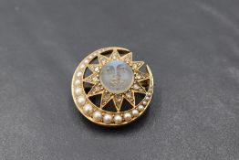 A yellow metal, diamond chip, pearl and carved moonstone crescent and sun brooch, the crescent