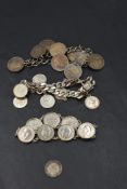 Three white metal and silver coin bracelets including sixpences, Peru 1/2 dimes, and three pences