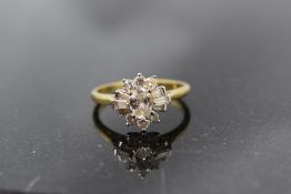 A lady's dress ring having a diamond cluster with central oval diamond surrounded by baguette and
