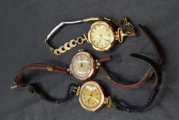 Two ladies vintage 9ct rose gold wrist watches, both having Arabic numeral dials and leather