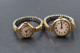 Two ladies 9ct gold wrist watches, both having Arabic numeral dials and gold plated stretch straps