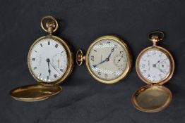 Three gold plated top wound pocket watches including a small full hunter by Tavannes, no:3002743,