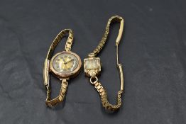 Two ladies vintage gold wrist watches, 9ct & 14ct, both on rolled gold bracelet straps, (AF) GW