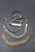 Four pieces of HM silver and white metal including bracelets, bangle and watch chain
