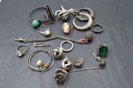A selection of HM silver and white metal jewellery including rings, earrings, Christening bangle