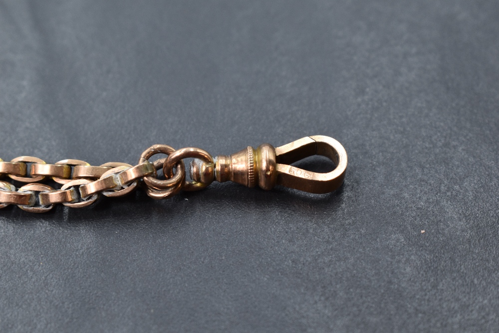 A rose gold belcher link muff chain bearing plaque stamped 9C, approx 58' & 50g - Image 3 of 3