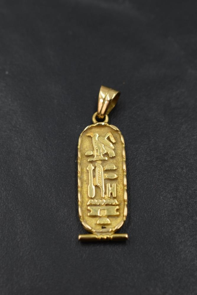 An Egyptian 18ct gold hieroglyphics 'Jane' pendant, approx 4g