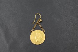 An American 1855 small Indian head 1 dollar coin (no mint mark) in at attached earring drop mount,