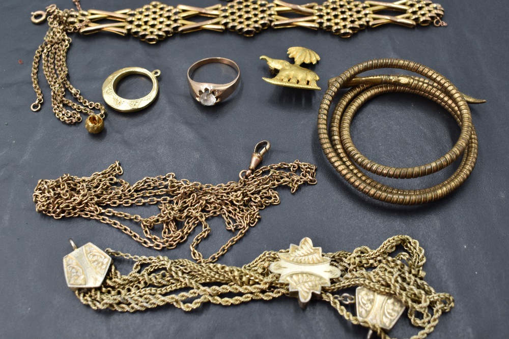 A tray of rolled gold jewellery including a hinged cuff bangle, coiled snake bangle, pendant, an - Image 3 of 3