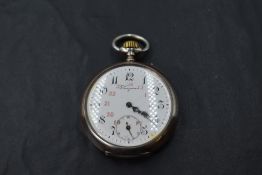 An 800 grade silver top wound pocket watch by Longines having Arabic numeral dial with red inner