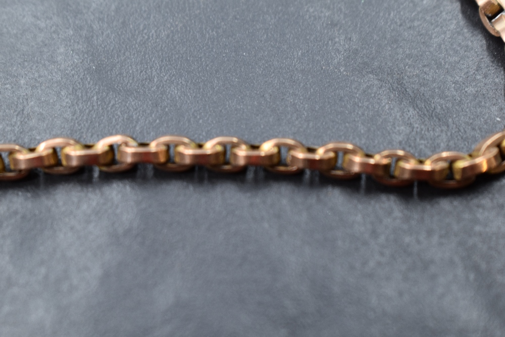 A rose gold belcher link muff chain bearing plaque stamped 9C, approx 58' & 50g - Image 2 of 3