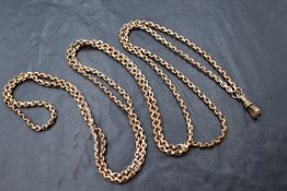 A rose gold belcher link muff chain bearing plaque stamped 9C, approx 58' & 50g