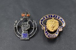 A yellow metal British Legion hat badge stamped 9ct having navy decoration and lion mask, approx 8.