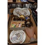 A box of mixed vintage ceramics including plates, jugs and glass vase.