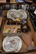 A box of mixed vintage ceramics including plates, jugs and glass vase.