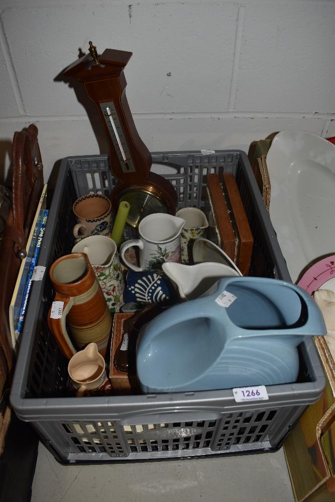 A box of assorted ceramics including Royal Doulton, Port Meirion and Heron Cross pottery.