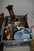A box of assorted ceramics including Royal Doulton, Port Meirion and Heron Cross pottery.