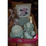 A new home pack including Wood Ware dinner set, glass decanters and floral pictures.