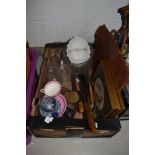 Mixed selection of items including cut glass bowls, wildlife pictures and leather satchel etc.