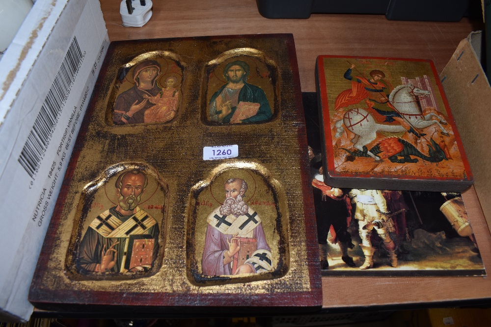 Two modern replica Byzantine religious icons and two mats