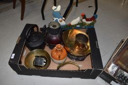 A 19th century bell metal tankard, three Oriental brass bowls, cast kettle, painted metal decorative