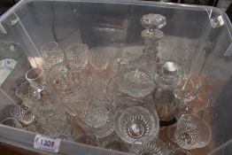 A selection of cut-crystal glasswares, tumblers, wine glasses, jug, to include two decanters